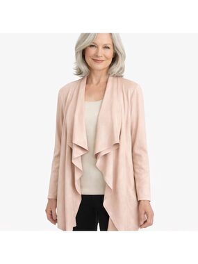 MELANIE LYNE Pale Pink Waterfall Front Faux Suede Long Line Jacket / Cardigan 12